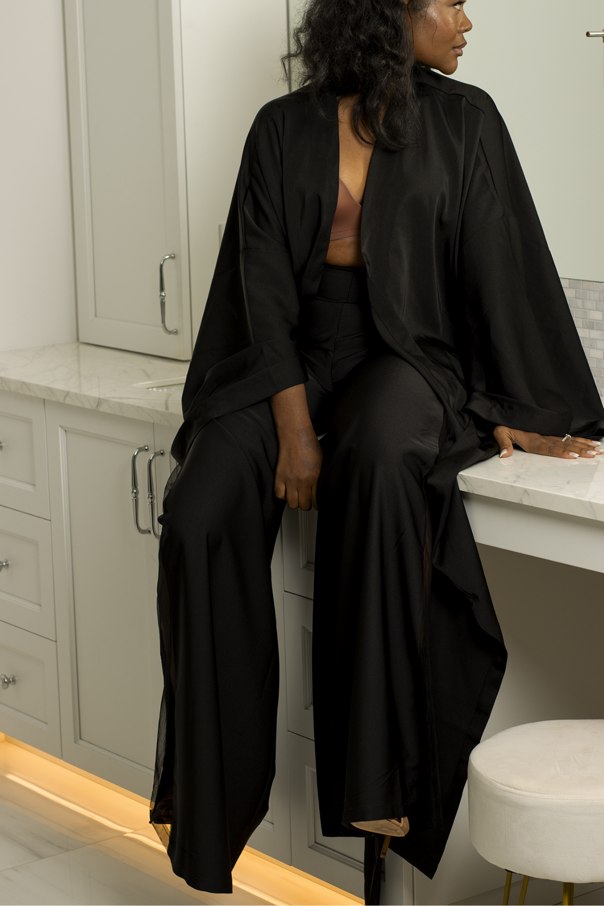 Darling Loungewear Luxury Set in Onyx Black | Elegant High-Waisted Sheer Panel Pants & Oversized Robe