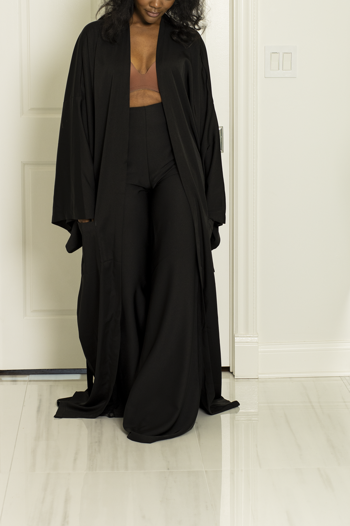 Darling Loungewear Luxury Set in Onyx Black | Elegant High-Waisted Sheer Panel Pants & Oversized Robe