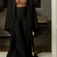 Darling Loungewear Luxury Set in Onyx Black | Elegant High-Waisted Sheer Panel Pants & Oversized Robe